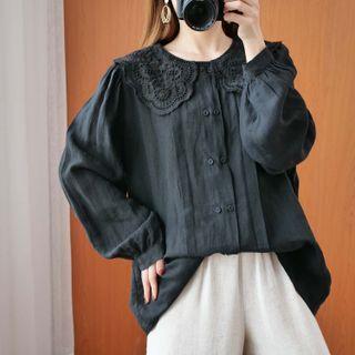 Lace Collar Plain Blouse Black - One Size