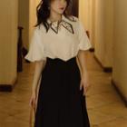 Set: Puff-sleeve V-neck Blouse + Neckerchief + Midi A-line Skirt