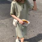 Short-sleeve Plaid Polo Knit Dress Green - One Size