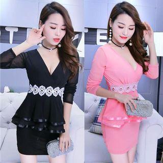 Lace Trim Long Sleeve Peplum Dress