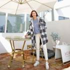 Detachable-hood Plaid Longline Shirt Blue - One Size