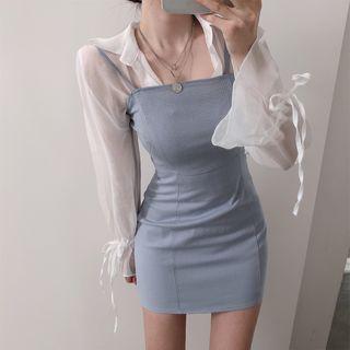 Tie-cuff Chiffon Blouse / Spaghetti Strap Pinafore Sheath Dress