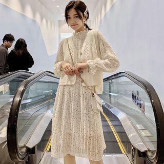 Long-sleeve Floral Midi Chiffon Dress / Button Knit Vest