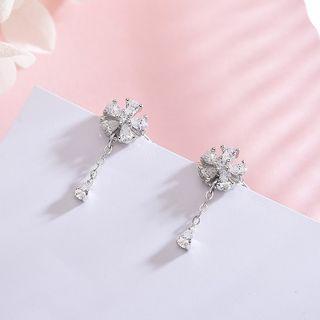925 Sterling Rhinestone Flower Drop Earring 1 Pair - Es671 - Silver - One Size