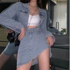 Pocket-detail Cropped Denim Jacket / High-waist Frayed Denim Mini Skirt