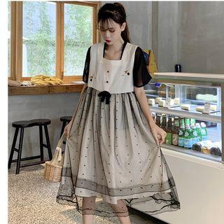 Short-sleeve Chiffon Top / Sleeveless Embroidered Polka Dot Chiffon Overlay A-line Midi Dress