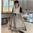 Short-sleeve Chiffon Top / Sleeveless Embroidered Polka Dot Chiffon Overlay A-line Midi Dress