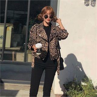 Epaulet Leopard Biker Jacket With Belt Brown - One Size