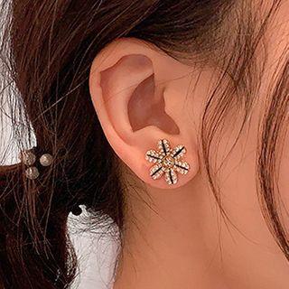 Rhinestone Flower Earring 1 Pair - Silver Needle - Gold - One Size