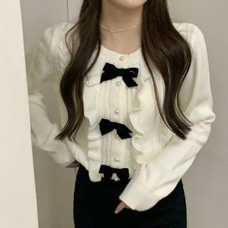 Bow Detail Ruffle Cardigan White - One Size