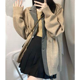 Set : Mock Two-piece Long-sleeve Cardigan + High-waist Skirt