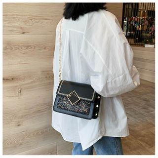 Faux Leather Sequined Panel Crossbody Bag