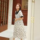 Contrast-collar Crinkled Rosette Dress Ivory - One Size