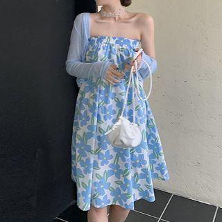 Strapless Floral Midi A-line Dress / Light Jacket