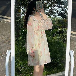 Long-sleeve Floral Sheer Dress