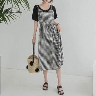 Spaghetti-strap Gingham A-line Dress