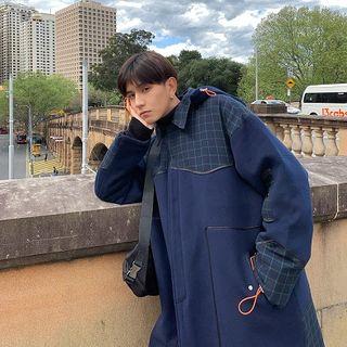 Plaid Panel Hooded Zip Midi Coat