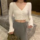 Long-sleeve V-neck Cropped Knit Top White - One Size