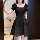 Puff-sleeve Square-neck Floral Embroidered A-line Dress