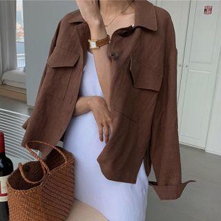 Long-sleeve Polo-collar Plain Pocket Jacket