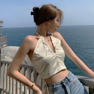 Halter Shirred Cropped Camisole Top White - One Size