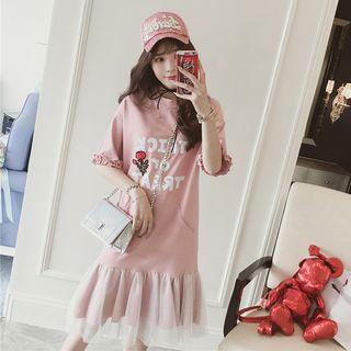 Elbow Sleeve Lettering Frill-hem Midi T-shirt Dress