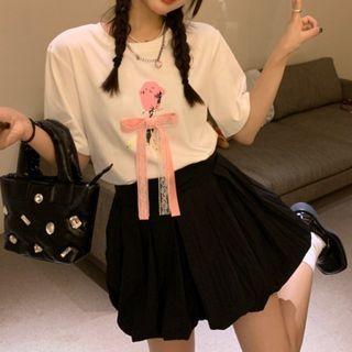 Short-sleeve Flower Print Bow Accent T-shirt / Mini Skirt