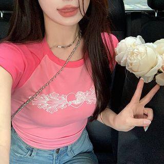 Raglan-sleeve Heart Print Cropped T-shirt