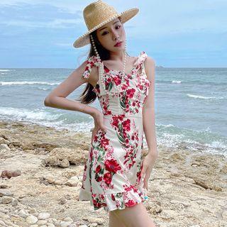 Shoulder-tie Floral A-line Mini Dress