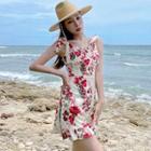 Shoulder-tie Floral A-line Mini Dress