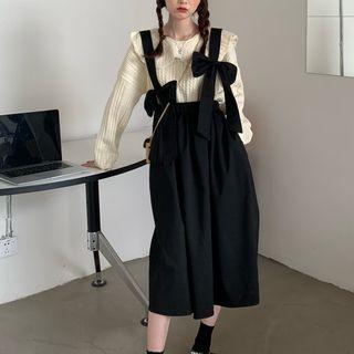 Long-sleeve Wide-collar Knit Top / Bow Midi A-line Overall Dress