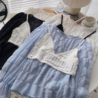 Set: Long-sleeve Frilled Shirt + Knit Strap Top