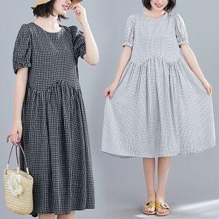 Plaid Short-sleeve Midi A-line Linen Dress