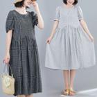 Plaid Short-sleeve Midi A-line Linen Dress