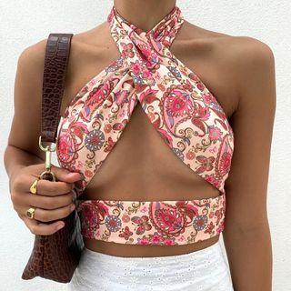 Cross-strap Floral Print Halter Tank Top