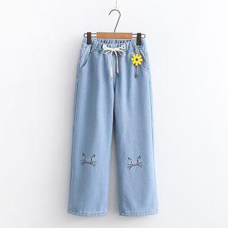 Cat Face Embroidered Fleece Lined Jeans