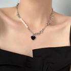 Heart Glaze Pendant Freshwater Pearl Alloy Choker White & Black & Silver - One Size