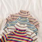 Striped Turtle-neck Long-sleeve Knit Top