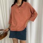 Plain Oversize 3/4-sleeve Knit Polo Shirt