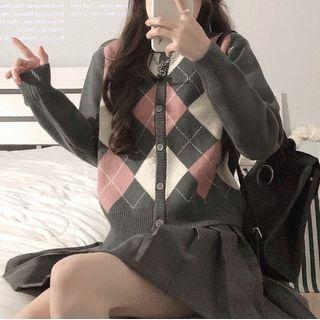 Argyle Cardigan Gray & Pink & White - One Size