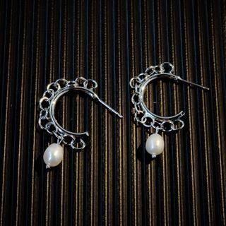 Pearl Alloy Open Hoop Earring 1 Pair - A-638 - Silver - One Size