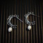 Pearl Alloy Open Hoop Earring 1 Pair - A-638 - Silver - One Size