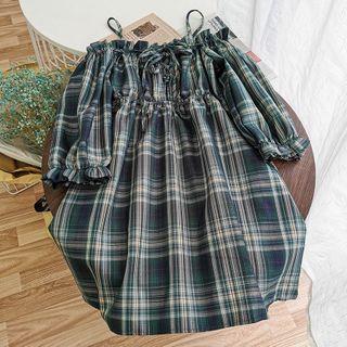 Plaid Off-shoulder Dress Green - One Size