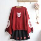 Fox Patch Tasseled Sweater / Heart Embroidered Mini A-line Skirt / Set