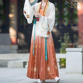 Set Of 3: Chinese Traditional Light Jacket + Camisole Top + Maxi Pleated Skirt