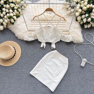 Set Of 2 : Suspender Halter Cropped Top + High-waist Plain Mini Skirt