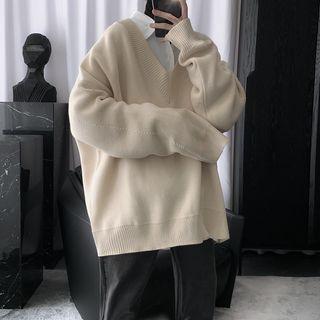 Couple-matching Plain V-neck Sweater