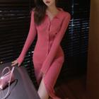 Long-sleeve Collared Knit Dress Pink - One Size