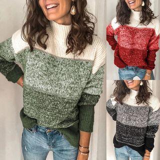 Long Sleeve Mock Neck Color-block Sweater