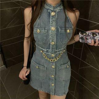 Sleeveless Button-up Denim Mini Sheath Dress